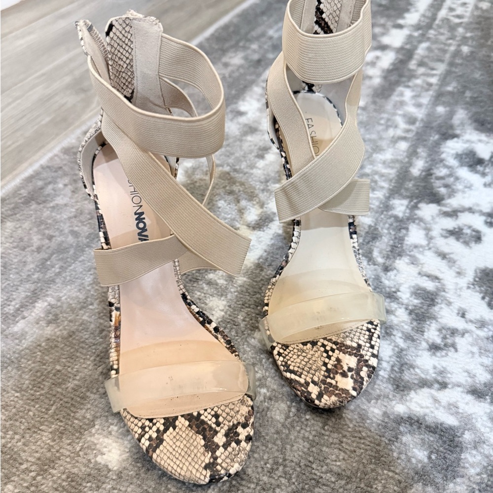 Fashion Nova Beige and Black Snakeskin Heels